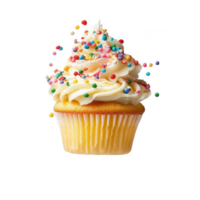 A cupcake with white frosting and sprinkles on top png