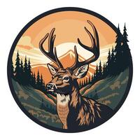 deer in the forest with a mountain background in a round frame hunting illustration logo image t shirt vector