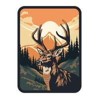 deer in the forest with a mountain background in a box frame hunting illustration logo image t shirt vector