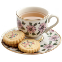 A cup of tea and two cookies on a saucer png
