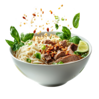 A bowl of noodles with meat and vegetables png