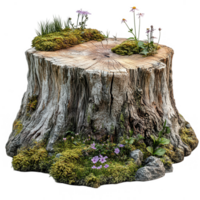 A tree stump with flowers and moss on it png
