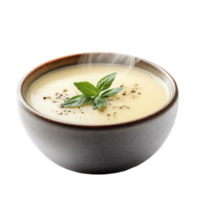A bowl of soup with a sprig of basil png