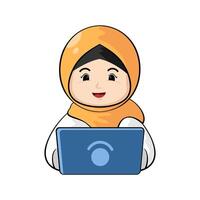 A cartoon woman in hijab using a laptop vector