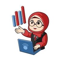 A cartoon woman in a hijab holding a laptop and pointing at a graph vector
