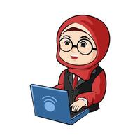A cartoon woman in a hijab using a laptop vector