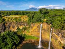 Twin waterfalls cascade into a tranquil pool, surrounded by dense forest and vibrant vegetation, with mountains rising under a clear blue sky. photo