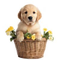 A golden retriever puppy sitting in a basket with flowers png