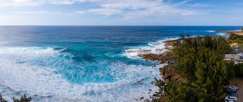 Turquoise waves crash against a rocky shoreline on Oahu, Hawaii, framed by lush trees, with buildings and parked cars visible in the background. photo
