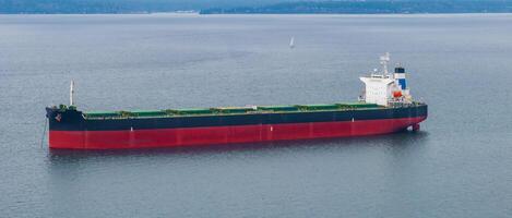 A large cargo ship with a black and red hull and white superstructure floats in calm water. A small sailboat and distant shoreline are visible. photo