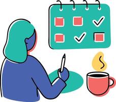 Woman planning schedule with checklist and coffee in colorful doodle style. vector