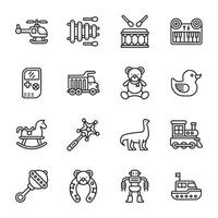 A set of toy icons including a teddy bear, a train, a boat, a car, a robot vector
