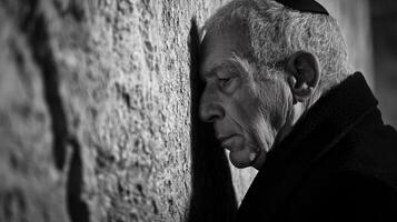 An elderly man leans against a textured stone wall, deep in prayer and contemplation. The setting exudes a sense of spirituality, capturing a moment of profound reflection photo