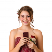 A girl in a prom dress holding a cell phone png
