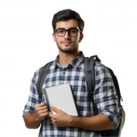 Portrait of a young man with glasses and backpack holding notebook and looking at camera png
