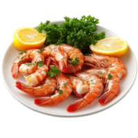 A plate of shrimp with lemon and parsley png