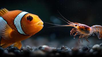 An orange clown fish and shrimp photo