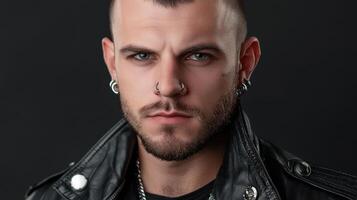 A man with piercings and a leather jacket photo