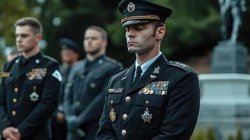 un hombre en uniforme soportes en frente de otro hombres foto