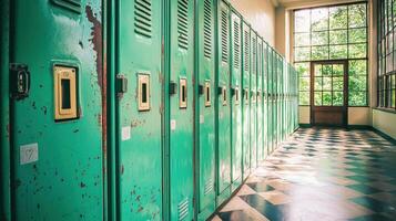 A row of green lockers in a school hallway photo