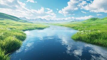 A river running through a green field with grass and flowers photo