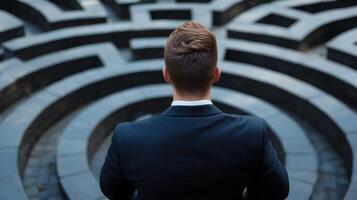A man in a suit standing in front of a maze photo