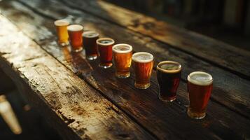 A row of beer glasses lined up on a wooden table photo