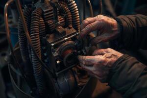Close up of hands of mechanic working on engine photo