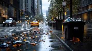 A black trash can is on the side of a street with trash on the ground photo