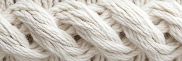 Close-up texture of white woolen yarn knitting pattern with braided design photo
