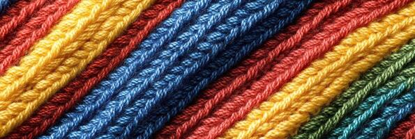 Colorful knitted fabrics displaying intricate wool patterns in multiple bright stripes photo