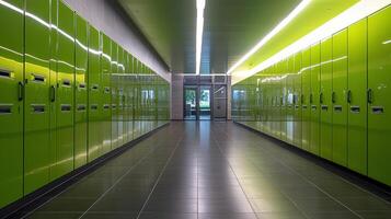A long hallway with green lockers and white walls photo
