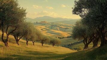 A beautiful landscape with olive trees and hills photo