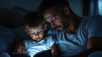 A man and a child reading a book at night photo