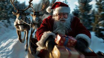 Santa claus riding in a sleigh with reindeer photo