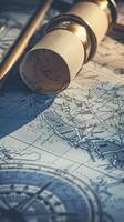A compass, a telescope and a map are on top of a table photo