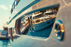 A close up of a boat with a reflection in the window photo