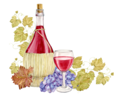 Bottles of red wine in a wicker basket sealed with a cork. Watercolor illustration of a glass in basket woven from a straw rod. Clipart for wine tasting or wine list design. png