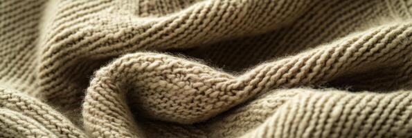 Close-up texture of soft beige knitted fabric with detailed patterns photo
