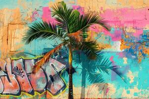 A palm tree is in front of a colorful wall photo