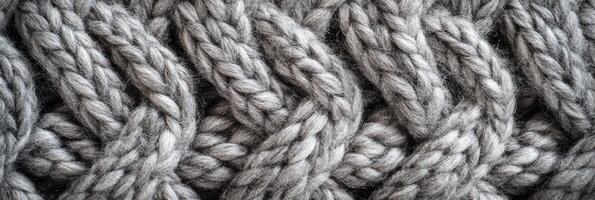 Close-up of textured gray wool pattern with braided knitting design photo