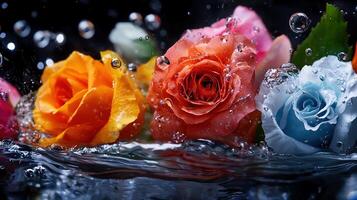 Colorful roses are splashing in water photo