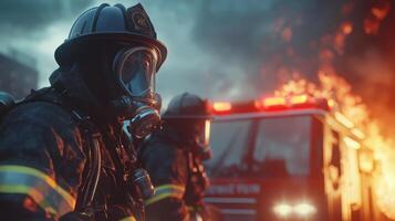 Two firefighters are standing in front of a burning building photo
