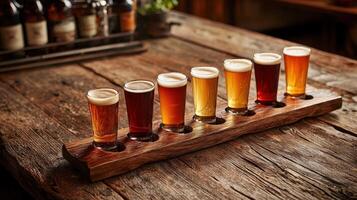 A wooden tray with six different types of beer photo