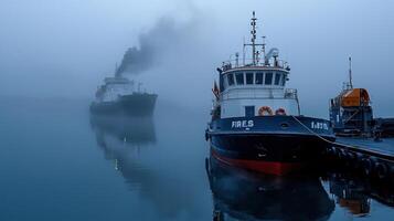 A boat is docked at a dock in the fog photo
