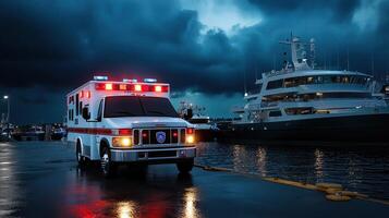 An ambulance parked on a dock at night photo
