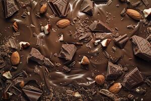 Chocolate bar with nuts and chocolate on a dark background photo