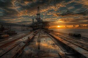 A desolate scene of a deserted oil rig with a sunset in the background photo