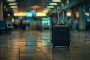 A black suitcase sitting on the floor in an airport photo