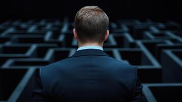 Businessman looking at maze in dark room photo